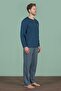 Men's Petrol Color Long Sleeve Buttoned Collar Stripe Detail Bottom Pajama Set C4T3N91 - 3