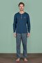 Men's Petrol Color Long Sleeve Buttoned Collar Stripe Detail Bottom Pajama Set C4T3N91 - 2