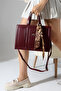 Burgundy Women's Bag Large Size Zippered Leopard Scarf Detail - Cross Strap Shoulder and Hand Bag - 3
