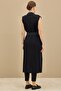Fabric Garnished Belted Long Knit Vest Black - 5