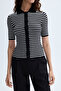Women's Black Striped Polo Collar Button Detailed Knit Sweater - 3