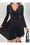 Women's Black Long Sleeve V Neck Mini Candy Dress with Shorts Inside - 2