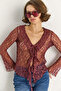 Women's Plum V-Neck Front Tie Ruffle Detailed Lace Blouse De251012 60283573