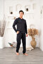 Men's Plus Size Dark Navy Classic Long Sleeve Buttoned Pocketed 100% Cotton Seasonal Pajama Set - 4
