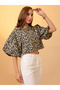Green Floral Print Puff Sleeves Crop Top - 2