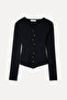 Women's Black Button Detailed V-Neck Knitwear Cardigan - 6