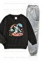 Astronaut and Dinosaur Printed 2-Piece Pack Gray-Black Unisex Children's Tracksuit Set with Inner Lining - 2