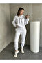 Women's White Three Thread Ribbed Hooded Sweat Tracksuit Set