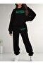 Women's Crew Neck Happiness Printed Top and Bottom Black Tracksuit Set Oversize Boyfriend Style