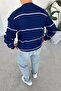 Navy Blue Striped Relaxed Knit Sweater - 4