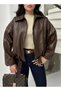 Brown Faux Leather Collar Bomber Jacket - 4