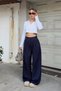 Navy Blue 3 Pleated High Waist Pocketed Wide Leg Women's Palazzo Pants - 3