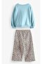 Girl's Polka Dot Leopard Sweatpants Baby Blue Cat Printed Top and Bottom Set - 3