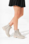 Women's Beige Thick Thermo Sole Buckle Lace-Up and Zippered Boots - 3