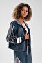Women's Denim Paneled Striped Detail Design Jacket - 7
