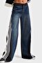 Women's Denim Color Double Piece Fabric Stripe Detailed Loose Fit Special Design Denim Jean - 4