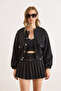 Women's Black Lined Pocketed Cashmere Bomber Jacket Ckt-19000476 - 2