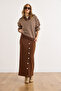 Women's Bitter Brown Elastic Waist Buttoned Slit Long Skirt Etk-19000293 - 5