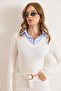 Women's Ecru Striped Shirt Collar Soft Textured Blouse Blz-19003127 - 4