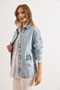 Women's Light Blue Single Pocket Teddy Bear Embroidered Denim Jacket CKT-19000472 - 6