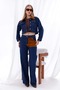 Navy Blue Velvet Detailed Crop Jacket and Wide Leg Jeans Set - 4