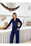 Women's Navy Blue Side Stone Detailed Zippered Top and Bottom Set - 3
