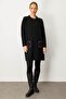 Women's Stand Collar Pocket Crocheted Long Wool Coat Black - 4
