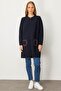 Women's Stand Collar Pocket Crocheted Long Wool Coat Dark Blue - 4