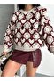 Women's Burgundy Heart Pattern Crochet Knitwear Sweater