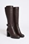 Women's Genuine Leather Buckle Detailed Heeled Boots - Brown - 4