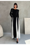 Women's Black White Color Block Long Sleeve Sandy Dress - Flexible and Comfortable Maxi Length Segmented Dress - 2