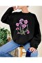 Purple Flower Bunch Print Detailed Crew Neck Sweatshirt with Fleece Inside