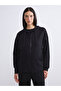 Lcw Modest Black Hooded Oversize Women's Zippered Sweatshirt W5K971Z8