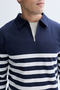 Men's Navy Blue Striped Zippered Polo Collar Sweatshirt - 4