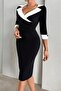 Black Long Sleeve Contrast Trim Detail Cufflink A-Line Crepe Fabric Dress - 4