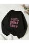 Cuter Version of Printed Detailed Crew Neck Sweatshirt with Fleece Inside