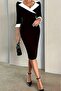 Black Long Sleeve Contrast Trim Detail Cufflink A-Line Crepe Fabric Dress - 3