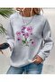 Purple Flower Bunch Print Detailed Crew Neck Sweatshirt with Fleece Inside