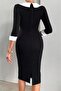 Black Long Sleeve Contrast Trim Detail Cufflink A-Line Crepe Fabric Dress - 5