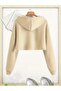 Crop Women's Hooded Sweatshirt - Beige - 2