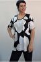 Black and White Ecru Patterned Front-Cinched Short-Sleeved Combed Viscose T-Shirt - 2