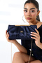Women's Navy Blue Satin Chain Strap Evening Dress Clutch Portfolio and Crossbody Bag - 3