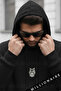 Men's Black Alpha Wolf Hooded Oversize 3 Thread Ruched Loose Fit Hoodie Sweatshirt - 2