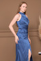 Satin Halter Neck Tie-Detail Long Evening Dress - Indigo Blue - 2