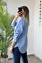 Teddy Bear Embroidered Linen Textured Long Sleeve Blue Women's Shirt - 2