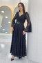 Women's Double Breasted Collar Belt Detailed Lace Long Sleeve Midi Dress Black, Cobalt Blue, Purple, Plum, White, Burgundy - 6