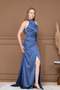Satin Halter Neck Tie-Detail Long Evening Dress - Indigo Blue - 6
