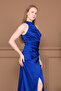 Satin Halter Neck Tie-Detail Long Evening Dress - Cobalt Blue - 2