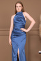 Satin Halter Neck Tie-Detail Long Evening Dress - Indigo Blue - 4