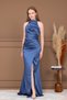 Satin Halter Neck Tie-Detail Long Evening Dress - Indigo Blue